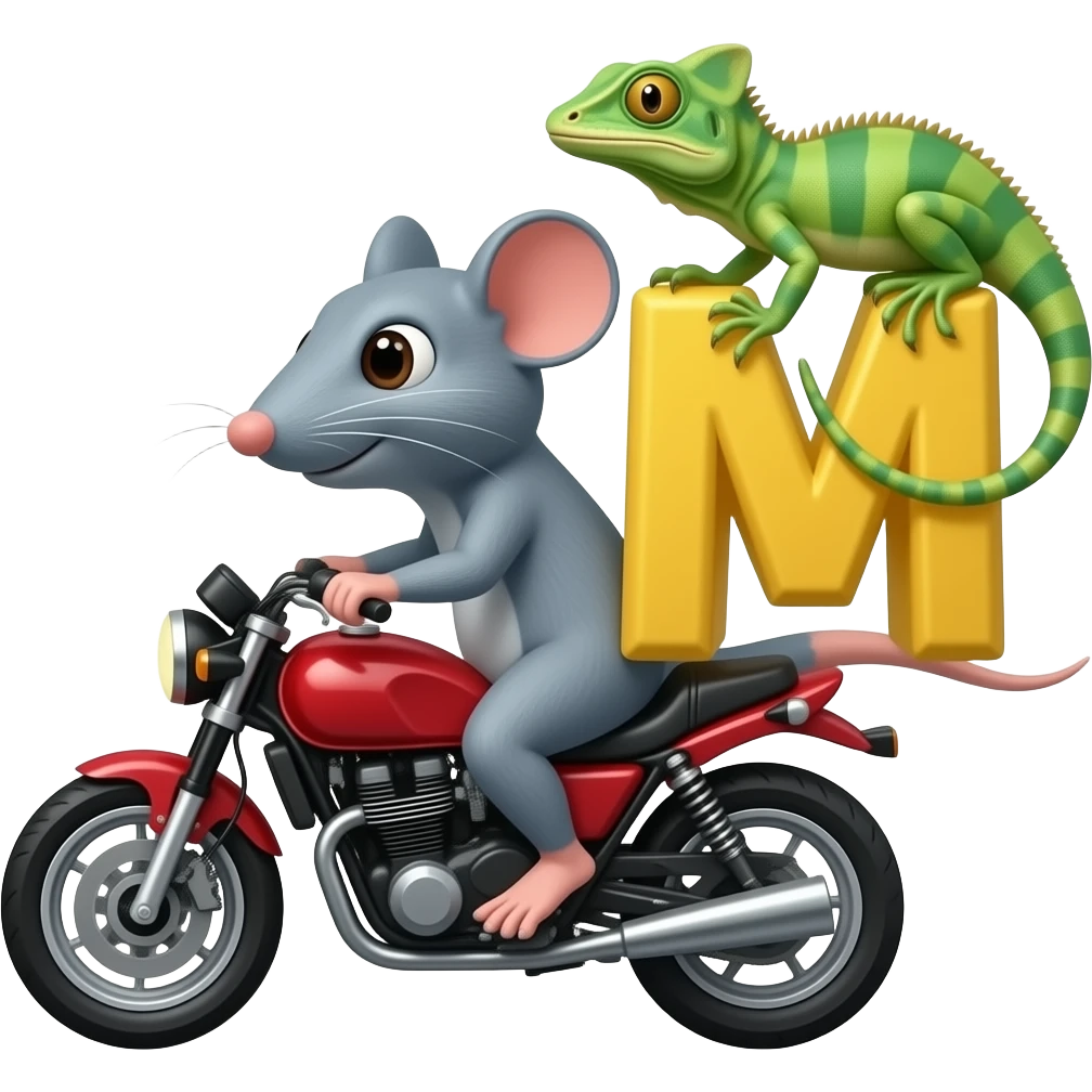 Mouse driving a motorcycle with a monitor lizard riding letter m emoji