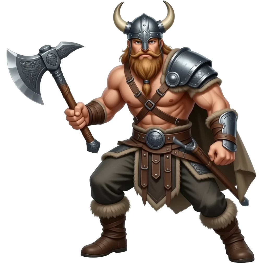 Vikinger mit nackten muskulösem körper und einer behaarten und starken Brust, mit Leder Riemen und Schulterpanzer. Er schwinkt eine Axt und trägt ein Helm mit Hörnern und hat ein langen Bart emoji