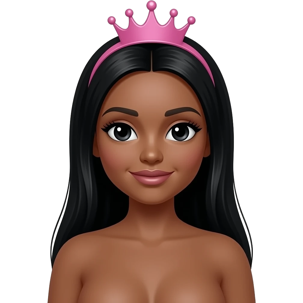 pink tiara, doll eyes, Doll, big chest, dark brown skin, with middle part long black hair, black cute eyes, with cute lip, without no bra emoji
