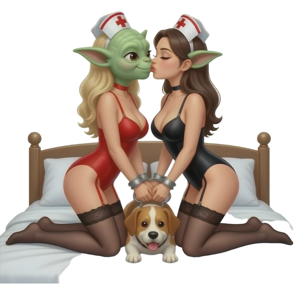 2 nurses, and a tall Yoda , kissing one red the other in long black lingerie and garter belts, one doggy style, one missionary position, on bed, large breasts, handcuffed together with A tall Yoda taking pictures emoji