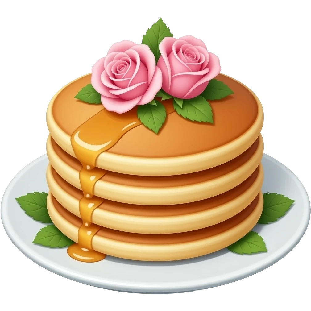 白盘子上有几块松饼叠起来，松饼上有两三朵粉玫瑰跟几片叶子 emoji