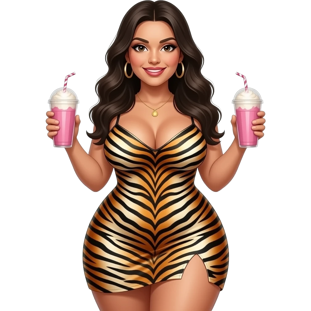 Attractive full body Latina with massive curves, breasts and ass wearing a tight tiger skin dress holding two milkshakes emoji