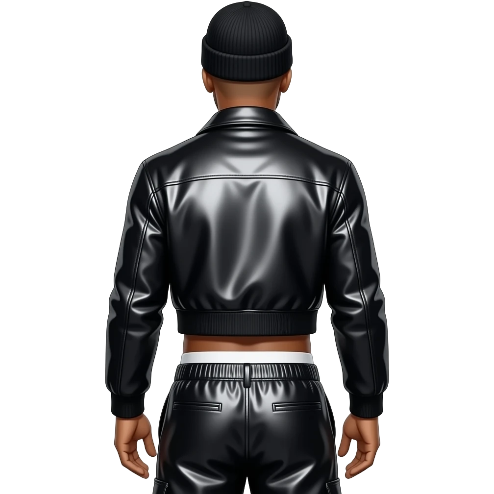 LL Cool J from behind with bald, black beanie, black metallic crop top jacket, black metallic baggy pants with white undies emoji