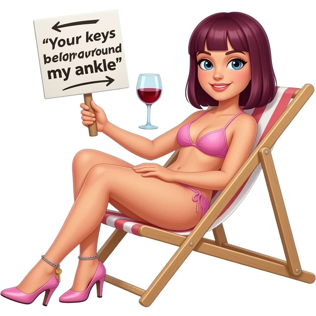 woman. burgundy, straight shoulder-length hair, sunbathing. baby pink bikini. high stiletto heels. Ankle chain with small key dangling from it. glass of red wine in one hand. sign in other hand that says "Your keys belong around my ankle". emoji