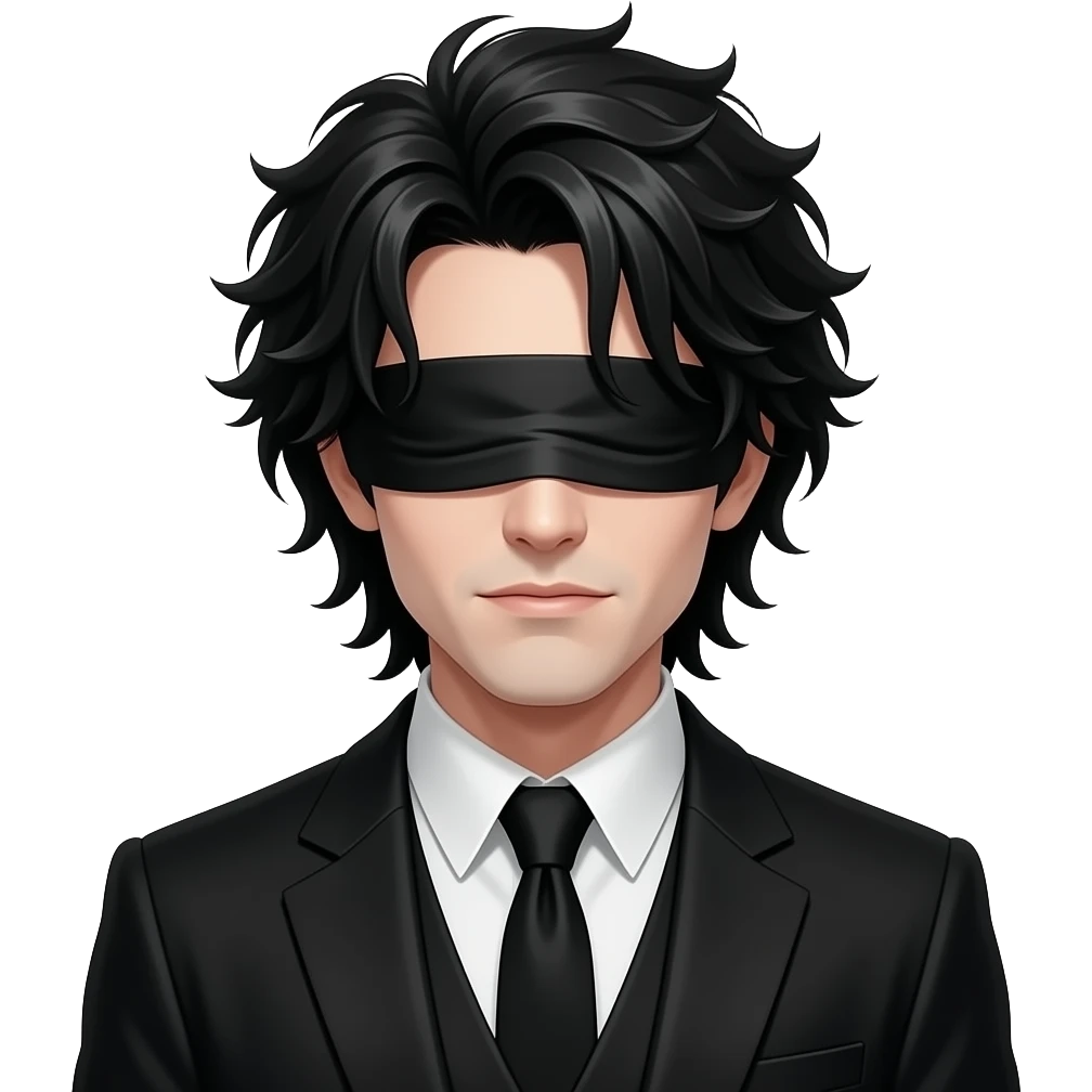 Man with a messy black hair covering his eyes and wearing a Gothic suit emoji