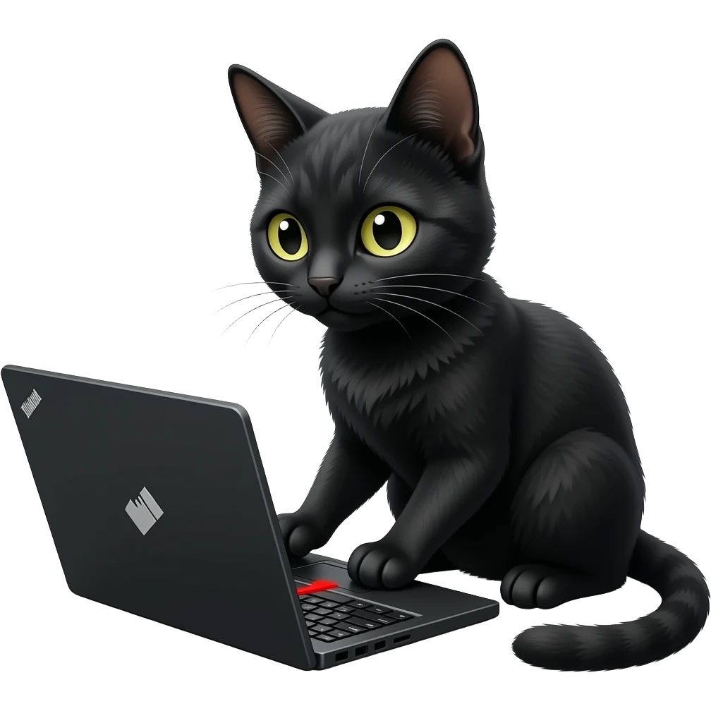 Черная вислоухая кошка работает за черным ноутбуком ThinkPad с красным трекпоинтом. emoji