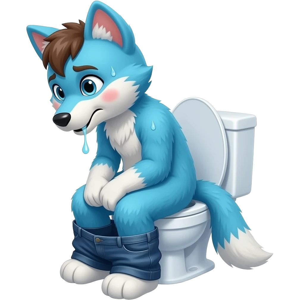 blue fursuit sitting on toilet, side view, pants down, straining face, red blushing face, sweating emoji