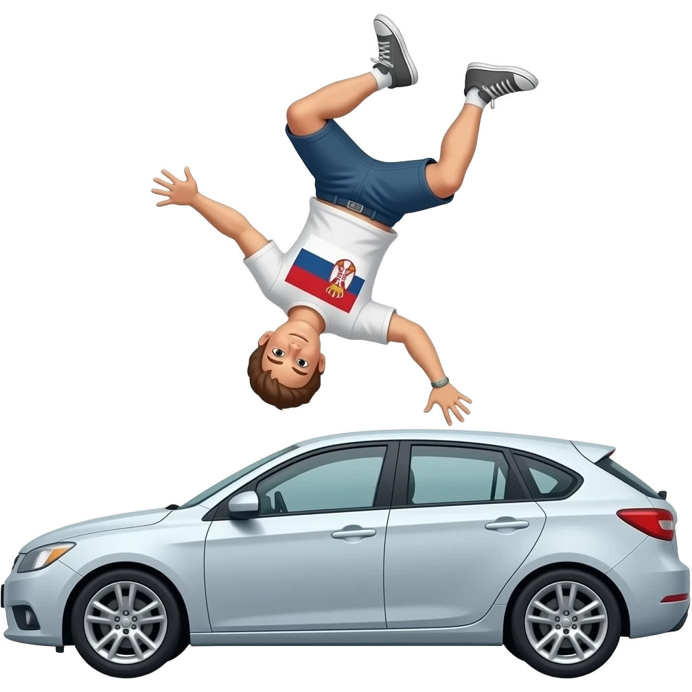Parkour person doing a sideflip over a car. Wearing a Serbian flag as a shirt. Knees tucked in upside down. Hands on knees emoji