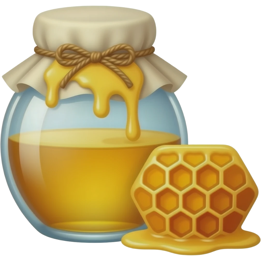 A glass vase with honey covered with a cloth and a hexagonal honeycomb next to it emoji