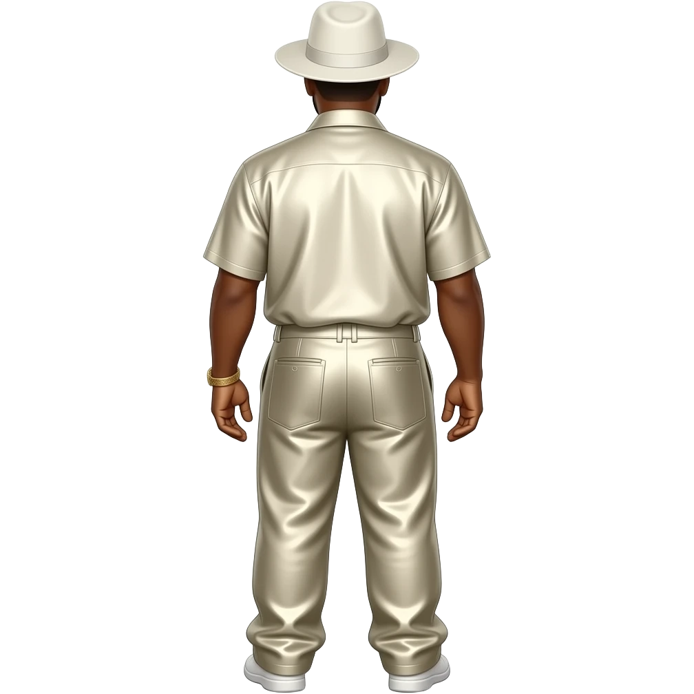The Notorious B.I.G. from behind with white hat, ivory metallic shirt, ivory metallic saggy pants emoji