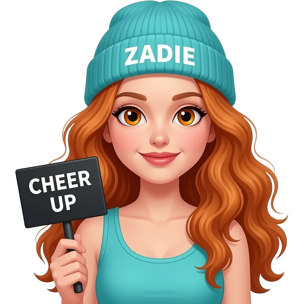 sexy girl with overlong wavy ginger hair and ginger eyes wearing a turquoise tanktop and a turquoise beanie with ZADIE written on it, is holding a black sign with CHEER UP written on it emoji
