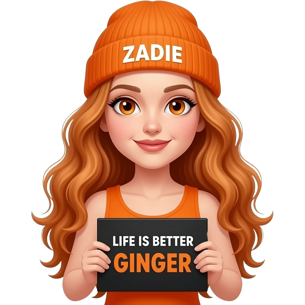 sexy girl with overlong wavy ginger hair and ginger eyes wearing a orange tanktop and a orange beanie with ZADIE written on it, is holding a black sign with LIFE IS BETTER with a GINGER written on it emoji