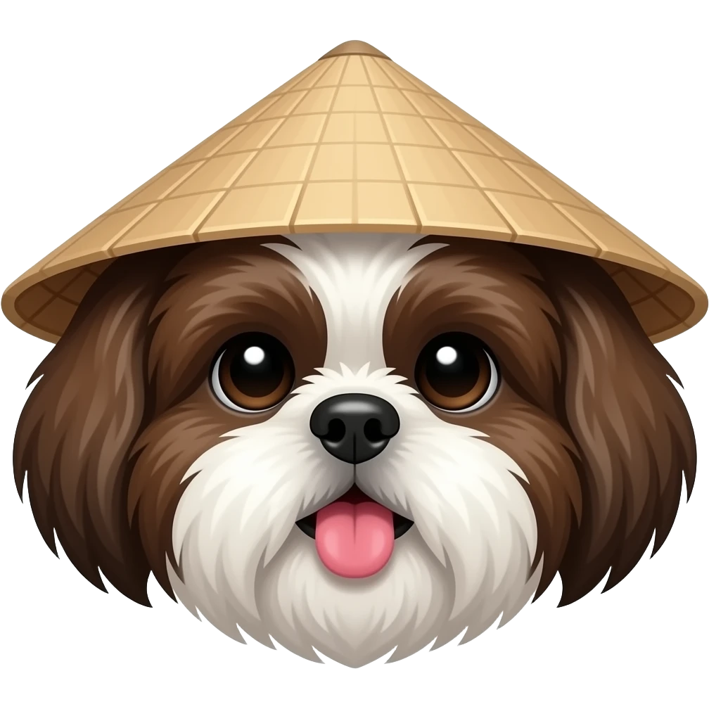 Cute a bit of dark brown and white Shih tzu head with vietnam hat tongue out emoji