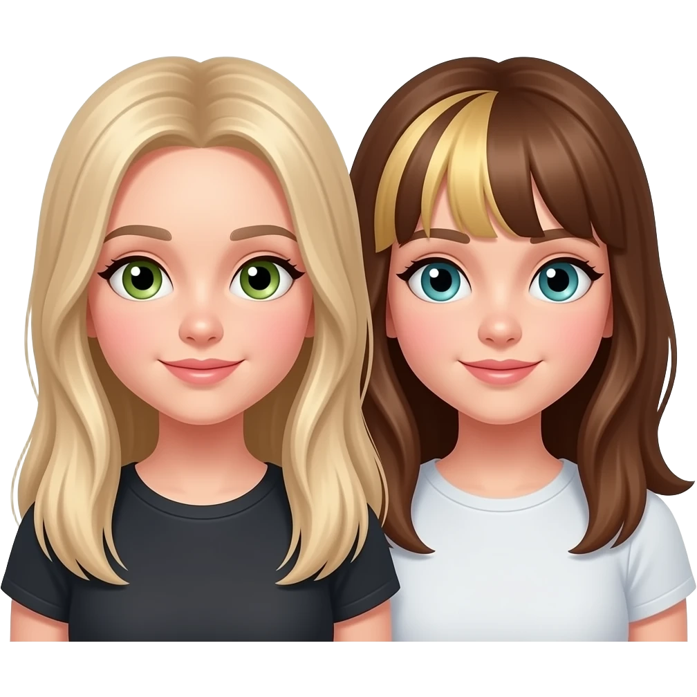 two best friends, one girl with long straight light blonde hair and green eyes, and another girl, with fawn brown hair with blonde highlights at the front of her head, and blue/green eyes emoji