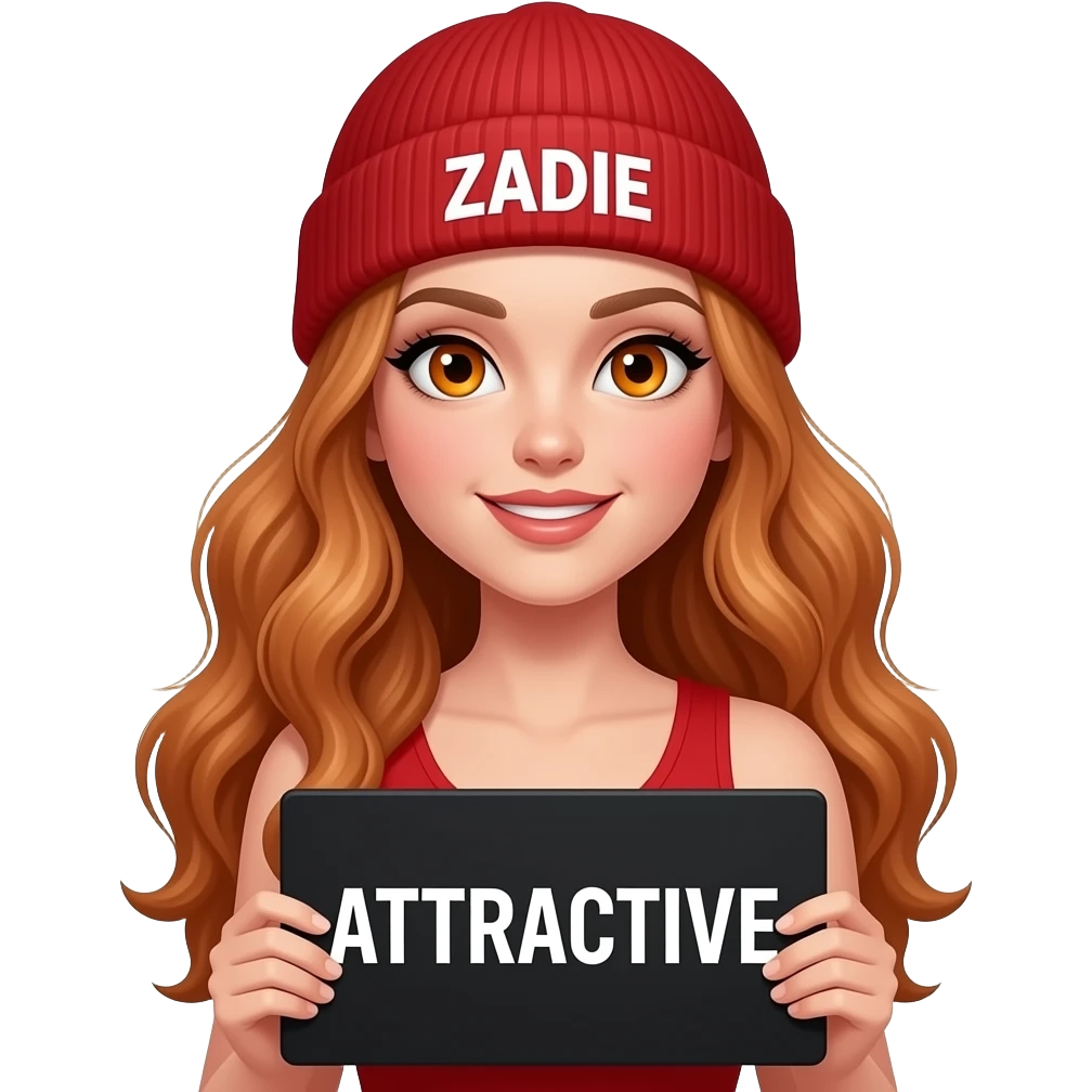 sexy girl with overlong wavy ginger hair and ginger eyes wearing a red tanktop and a red beanie with ZADIE written on it, is holding a black sign with just ATTRACTIVE on it emoji