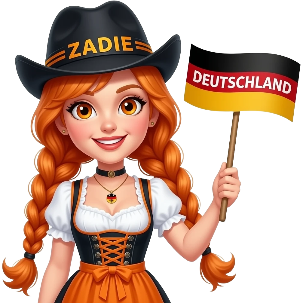 sexy girl with overlong ginger braids and ginger eyes wearing a orange dirndl and a black bavarian hat with ZADIE written on it, is holding a sign with DEUTSCHLAND written on it emoji