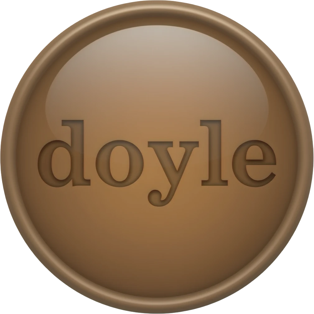 button that says "doyle" glossy button circle with shine. brown color emoji