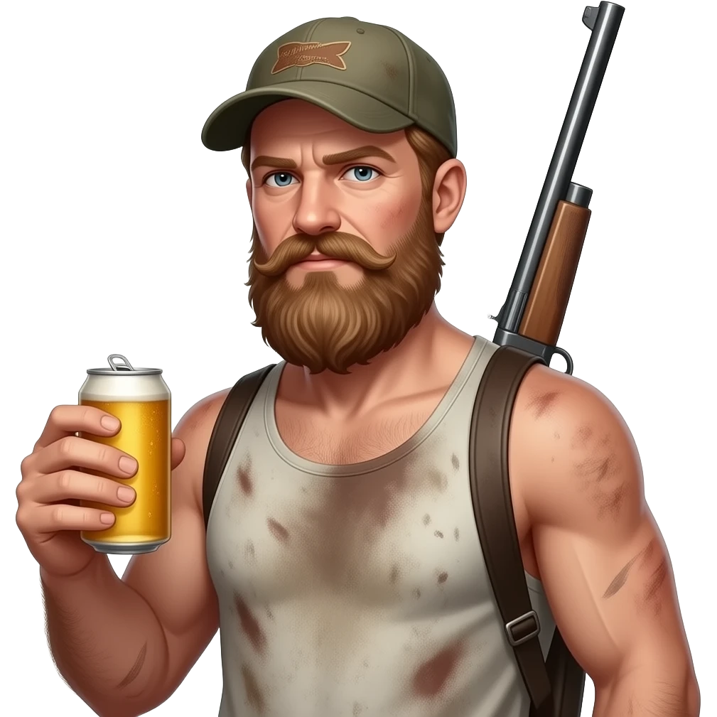 Portrait von einem nackten, typisch Aussehender redneck mit alten cap. Er ist maskulin, behaart. Seine Haut ist staubig und dreckigen und verschwitzt. Er hat eine Bierdose in der Hand und eine Schrotflinte um seinen Rücken umgehängt. Er hat ein ungepflegten, zottligen lange Bart. emoji