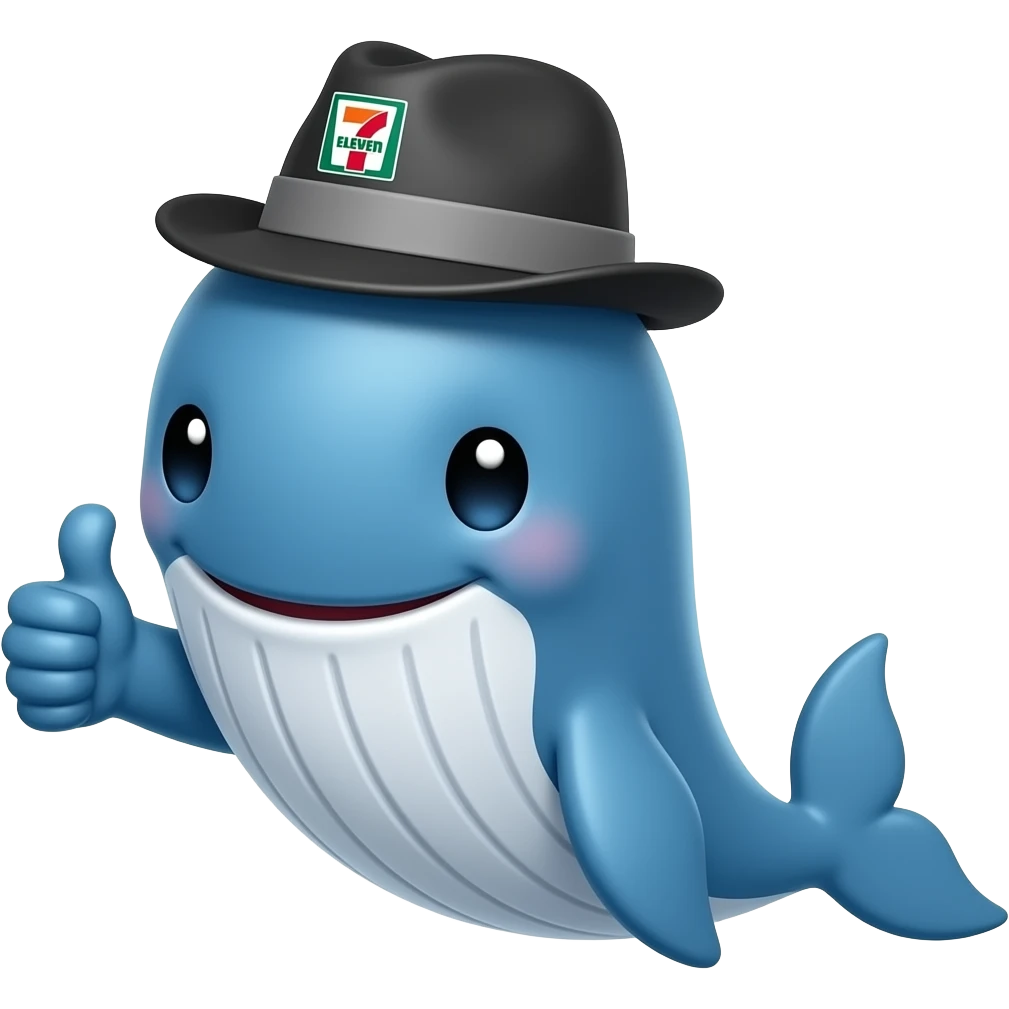 cartoonish blue Whale wearing a 7-eleven branded black and grey fedora with a thumbs up emoji