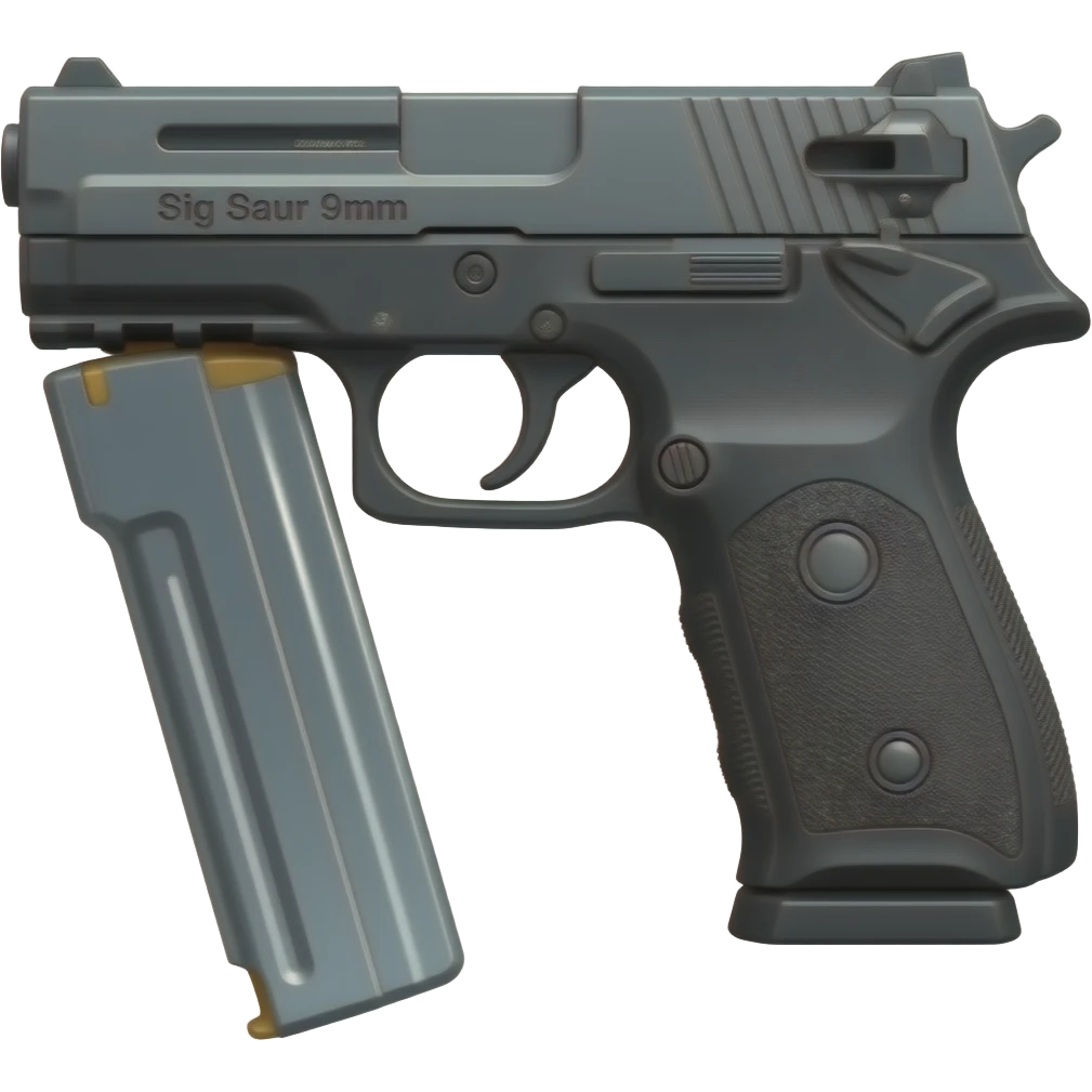 Make the sig saur 9mm pistol and add the name "Sig Saur 9mm" on the barrel . Make the name darker.  Make an extended clip hanging below the gun grip. Get rid of the clip not in the gun. Do not show a clip out of the gun. emoji