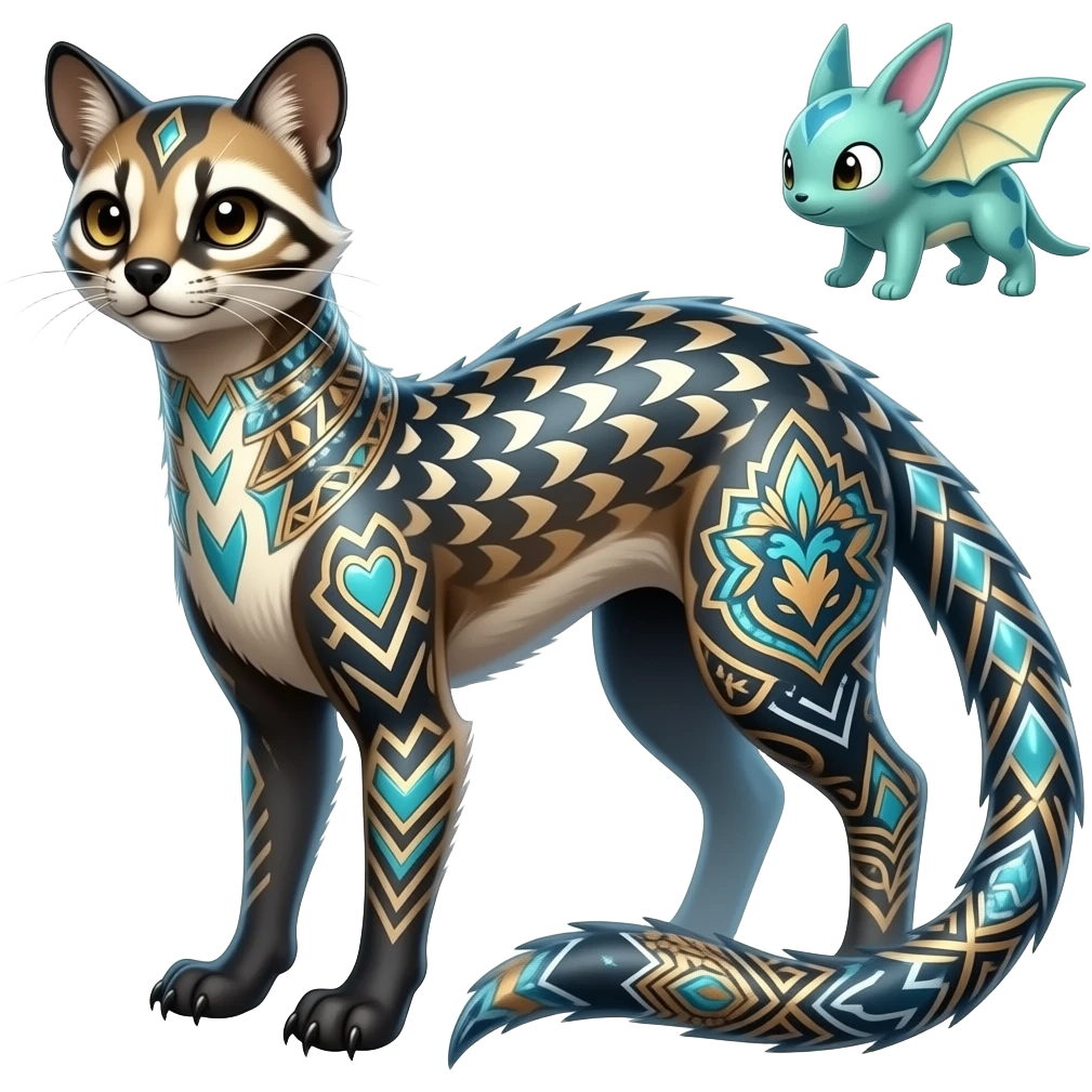 scaly spunky Realistic tall slim unique original shiny edgy cool fantasy-Civet-Absol-Sprigatito-Vaporeon-Fakémon-hybrid with tribal chevron heart floral lightning bolt strikes damask paisley markings emoji