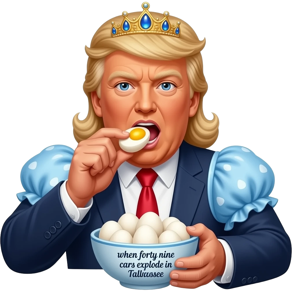 meme format of donald trump in a princess gown eating whole eggs and the text on his bowl of eggs says "when forty nine cars explode in tallahassee" emoji
