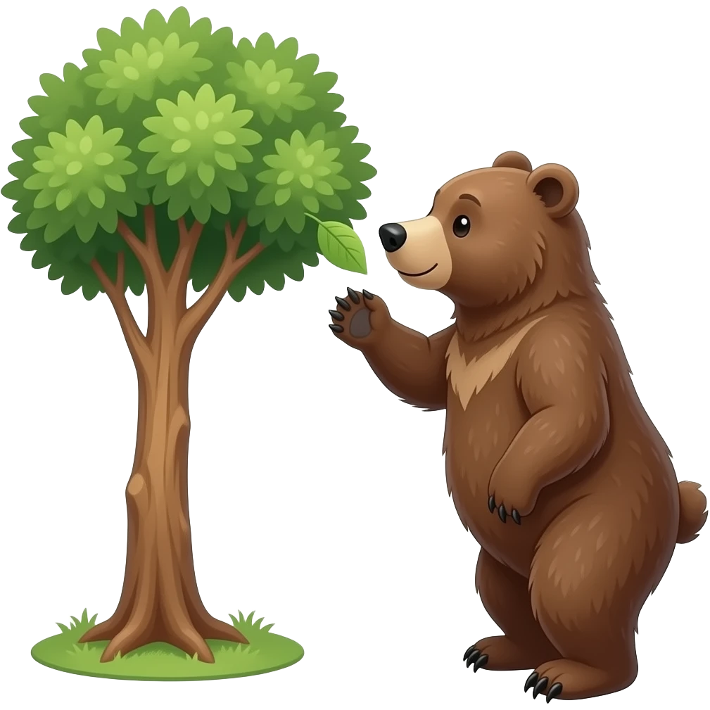 un árbol frondoso con un oso al lado que vemos de lateral sobre dos patas como intenta oler una hoja que cuelga árbol. Isolated emoji emoji