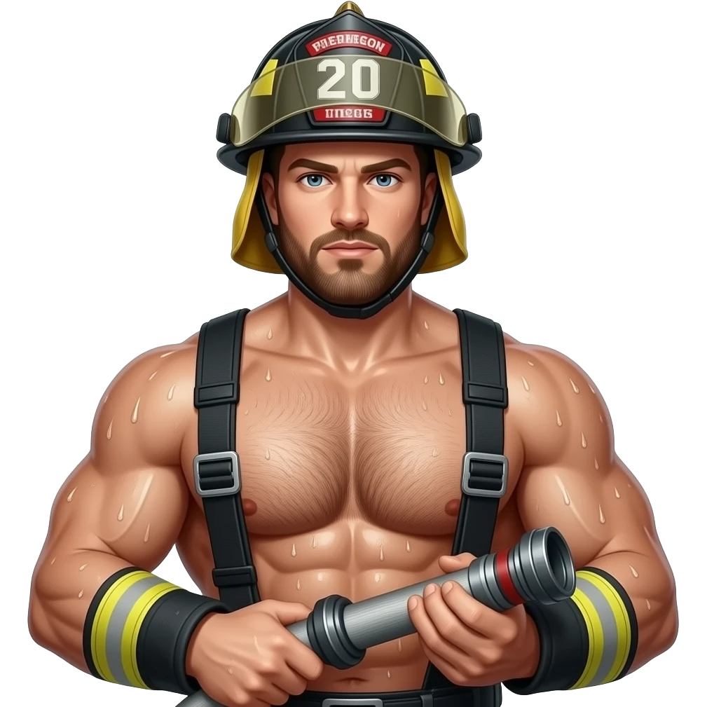 Erstelle ein Portrait von einem muskulösen Oberkörper freien nassen Feuerwehrmann mit Helm, er hat eine behaarte Brust und Bart, seine Brust soll gut mit auf dem Bild zusehen sein und nass glänzen.  Er hat ein Feuerwehr Schlauch in der Hand emoji