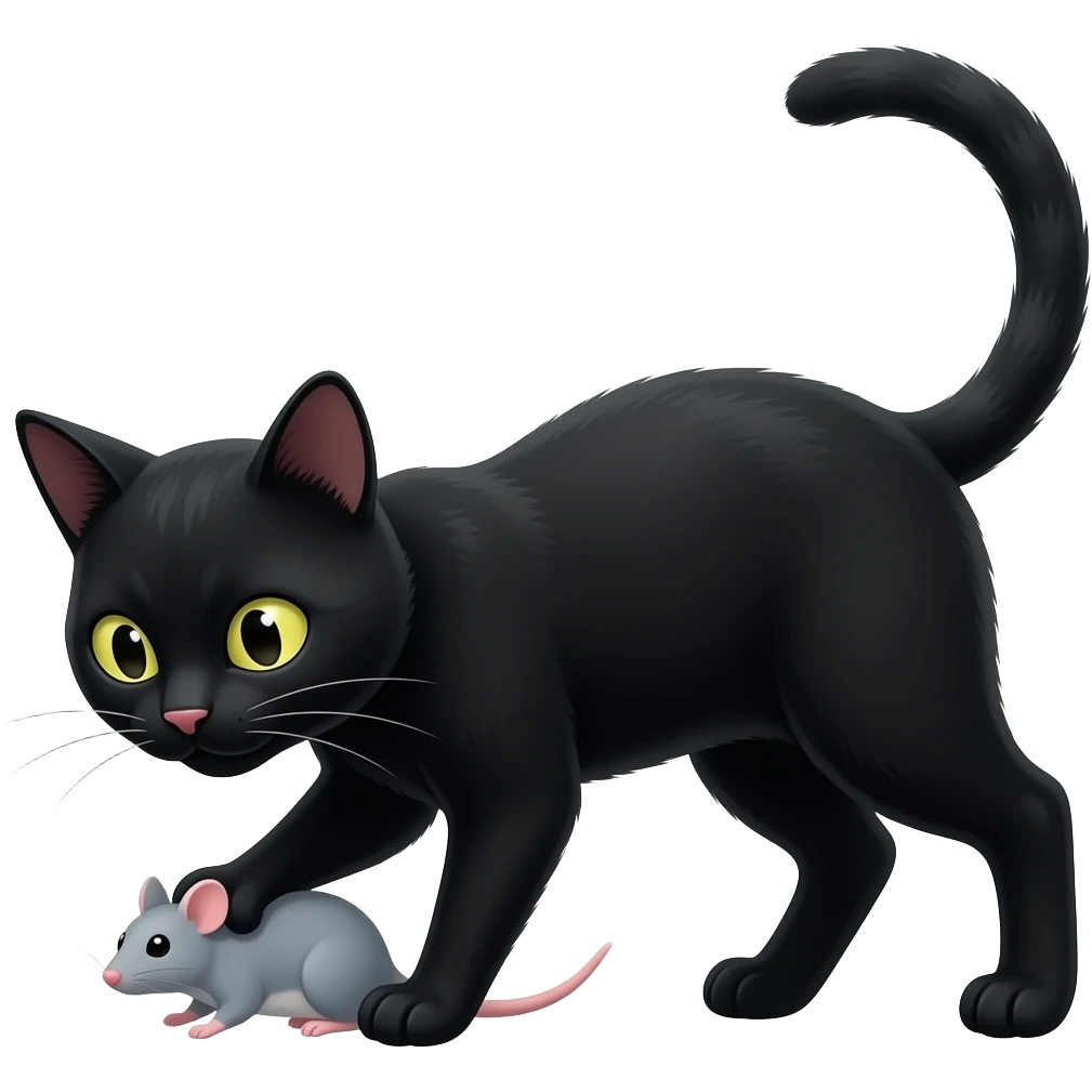 a black cat playing with a rat emoji