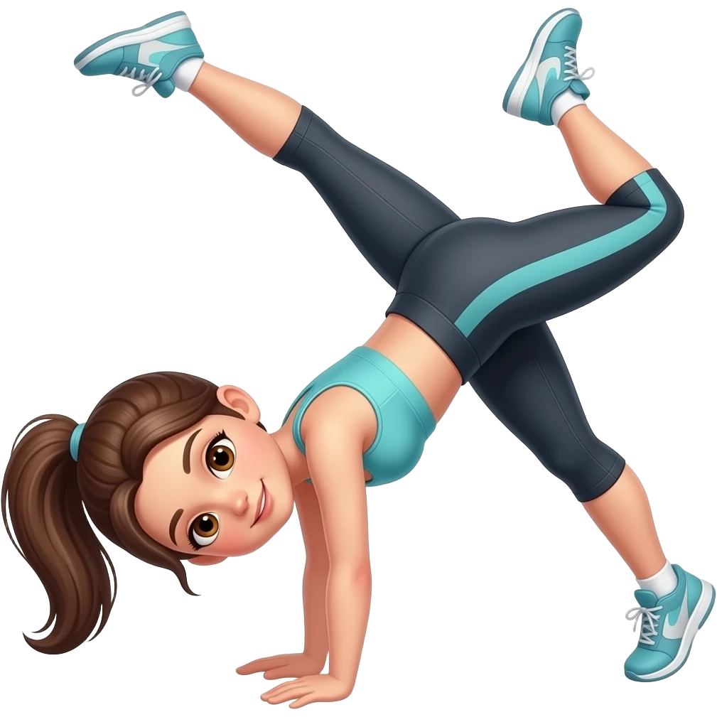 Girl with brown hair in a ponytail and brown eyes wearing workout clothes doing handstand emoji