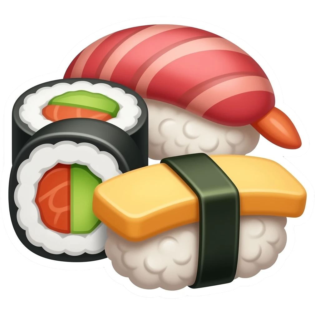 iOS-style emoji sticker of a sushi assortment, cute minimal 3D glossy emoji style, small set including nigiri, maki roll, and a tamago piece, soft rounded shapes, slightly shiny texture, centered composition, white or transparent background, simple clean design, no plate or extra objects. emoji