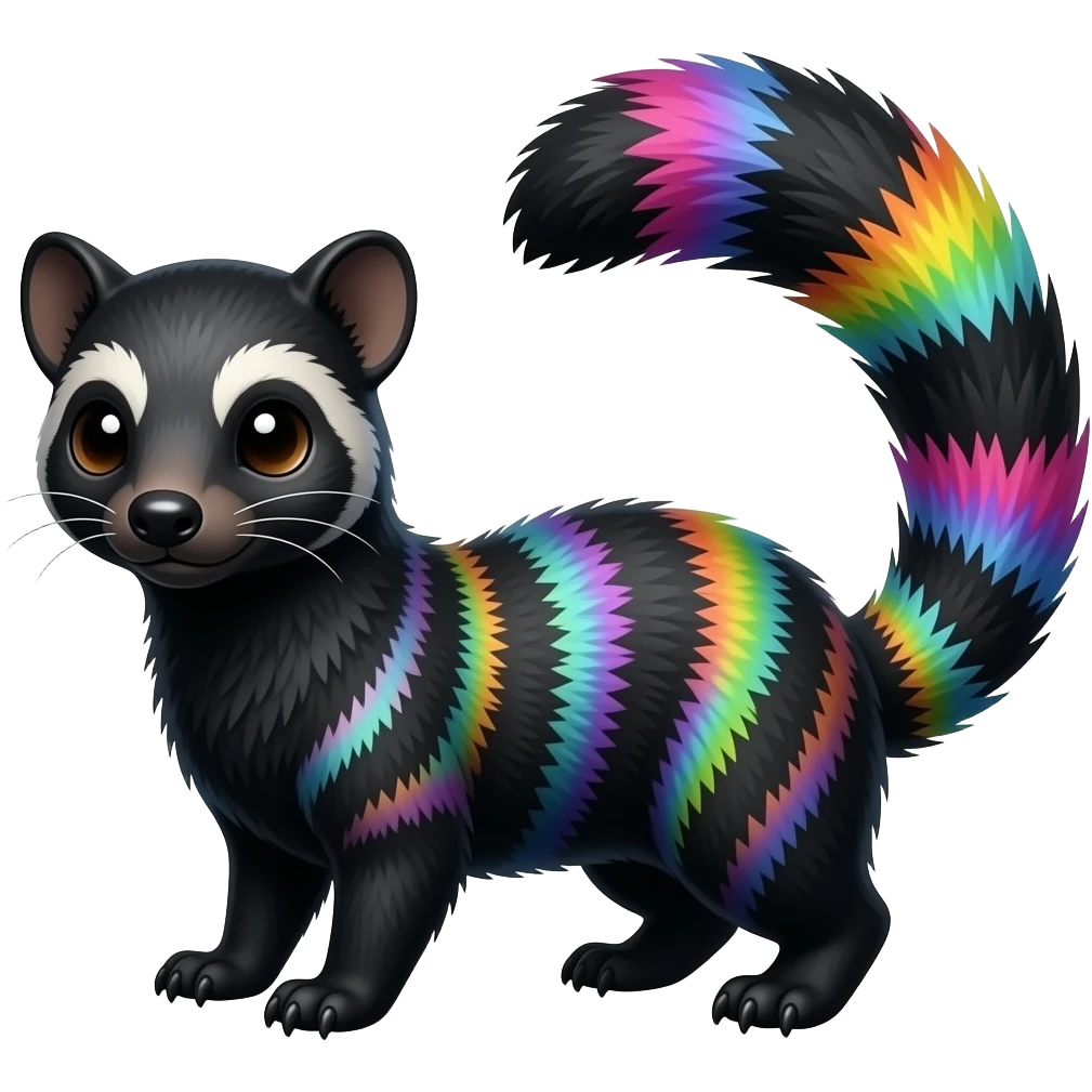 Colorful onyx-obsidian-pitch-black and rainbow-iridescent Cacomistle-Bunnelby-Numbat-Ferret-hybrid-fusion-animal-creature, full body  SIMILAR emoji