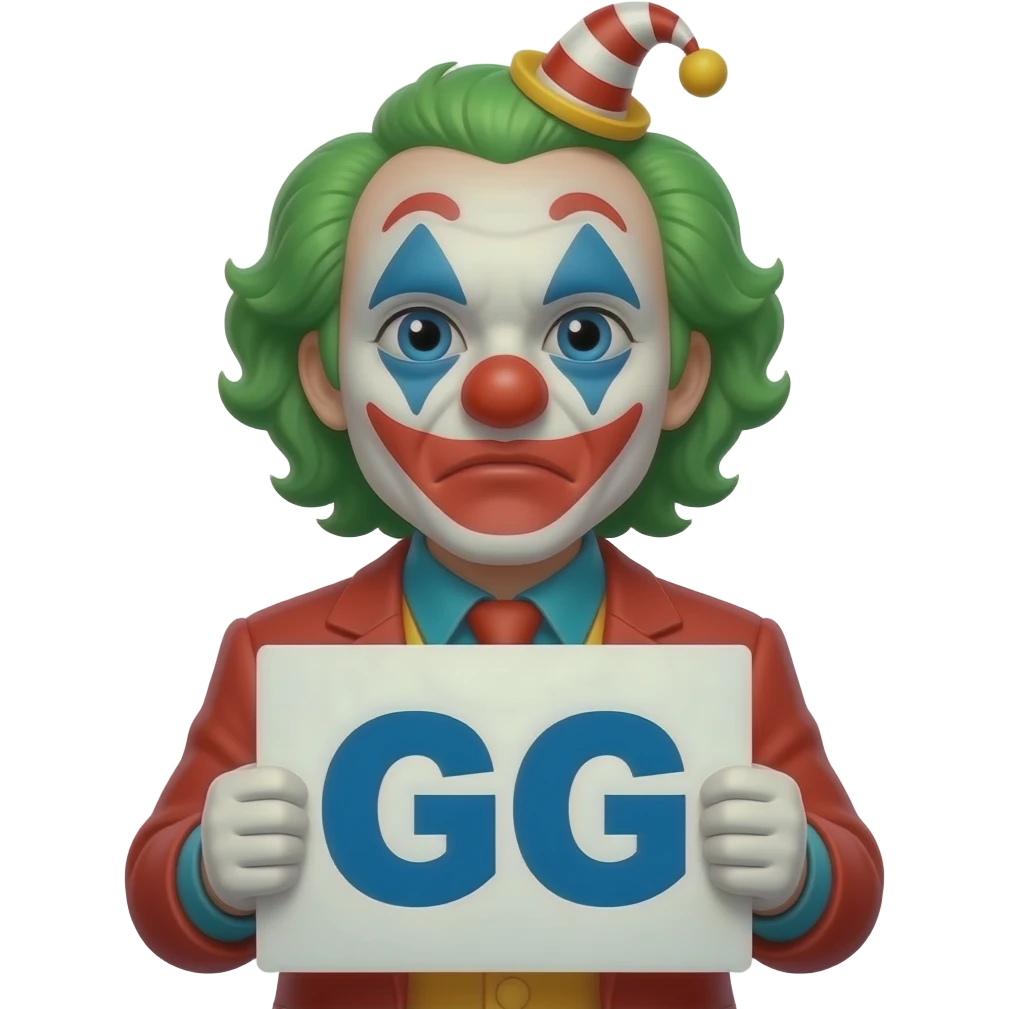 грустный клоун с табличкой GG emoji