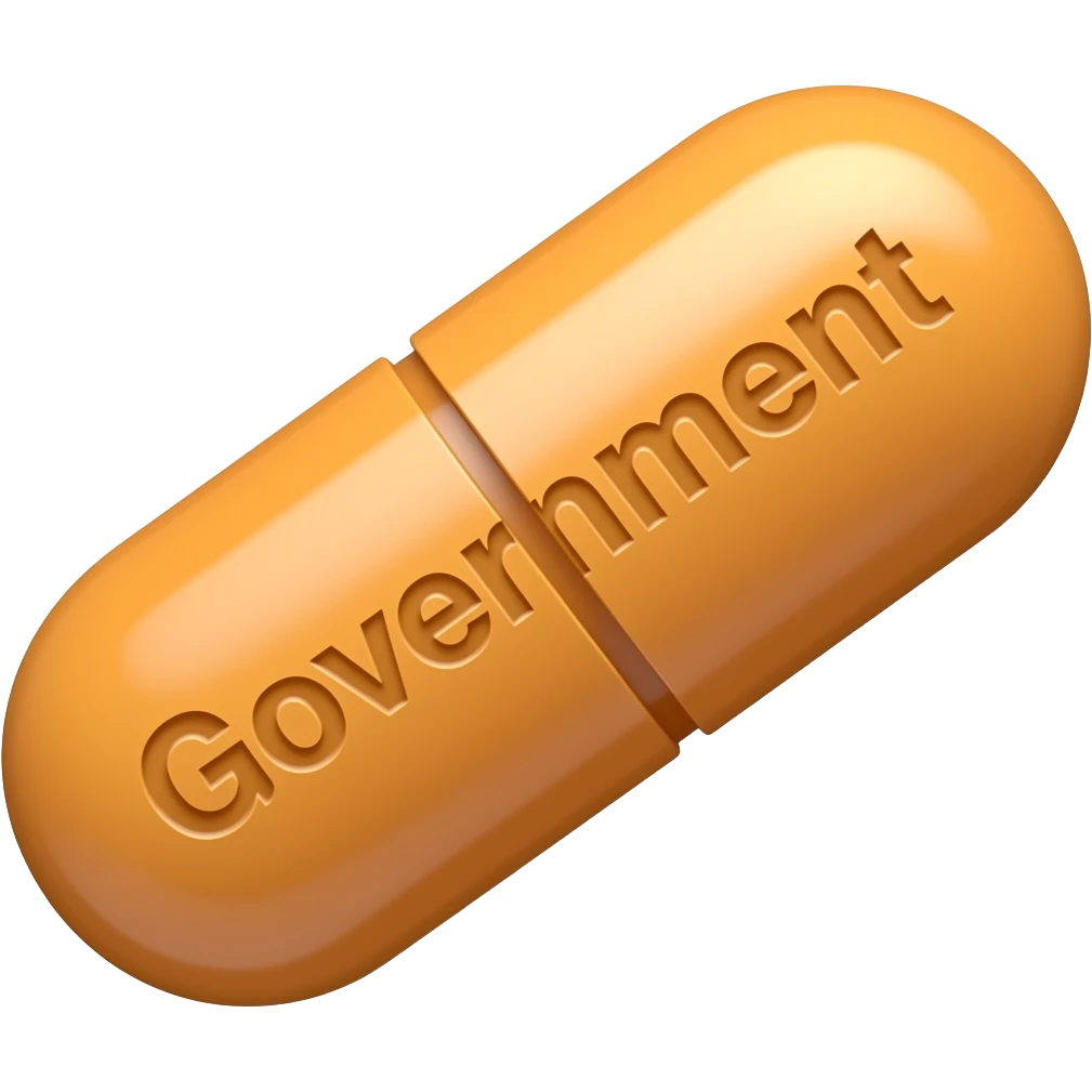 An orange solid oblong pill with "Government" engraved in it at a 45 degree angle emoji