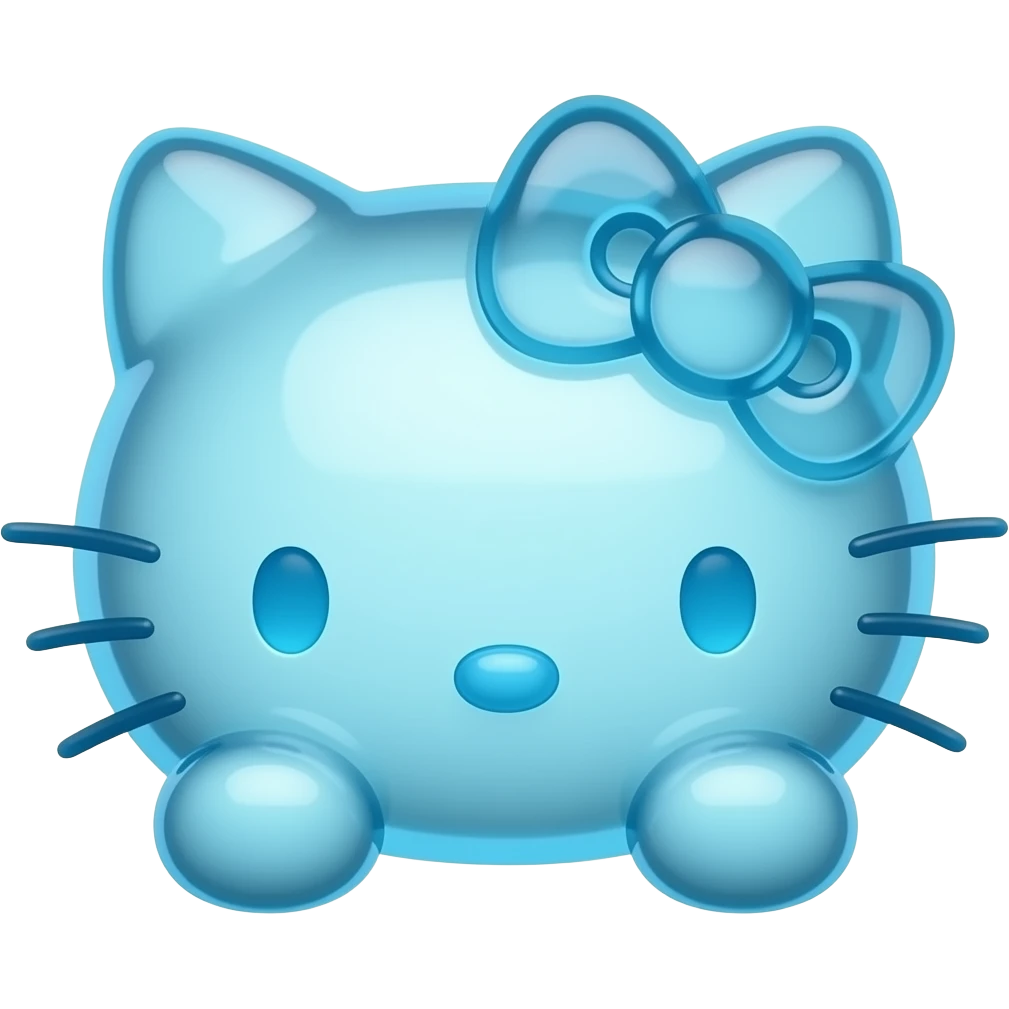 Glowing 3d blue and clear colored glass hello Kitty head with front paws emoji