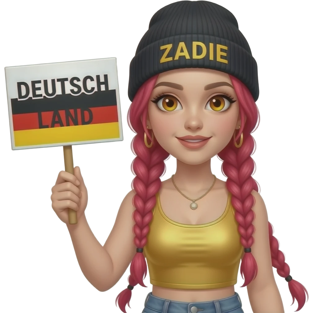 sexy girl with overlong neon red braids and ginger eyes wearing a gold tanktop and a black beanie with ZADIE written on it, is holding a sign with DEUTSCH LAND written on it emoji