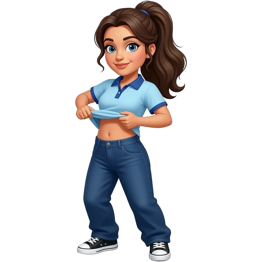 Hispanic woman with brown ponytail and blue eyes light blue dark blue lined polo and dark blue baggy jeans and belly button and black and white sneakers lifting her shirt funny belly trick emoji