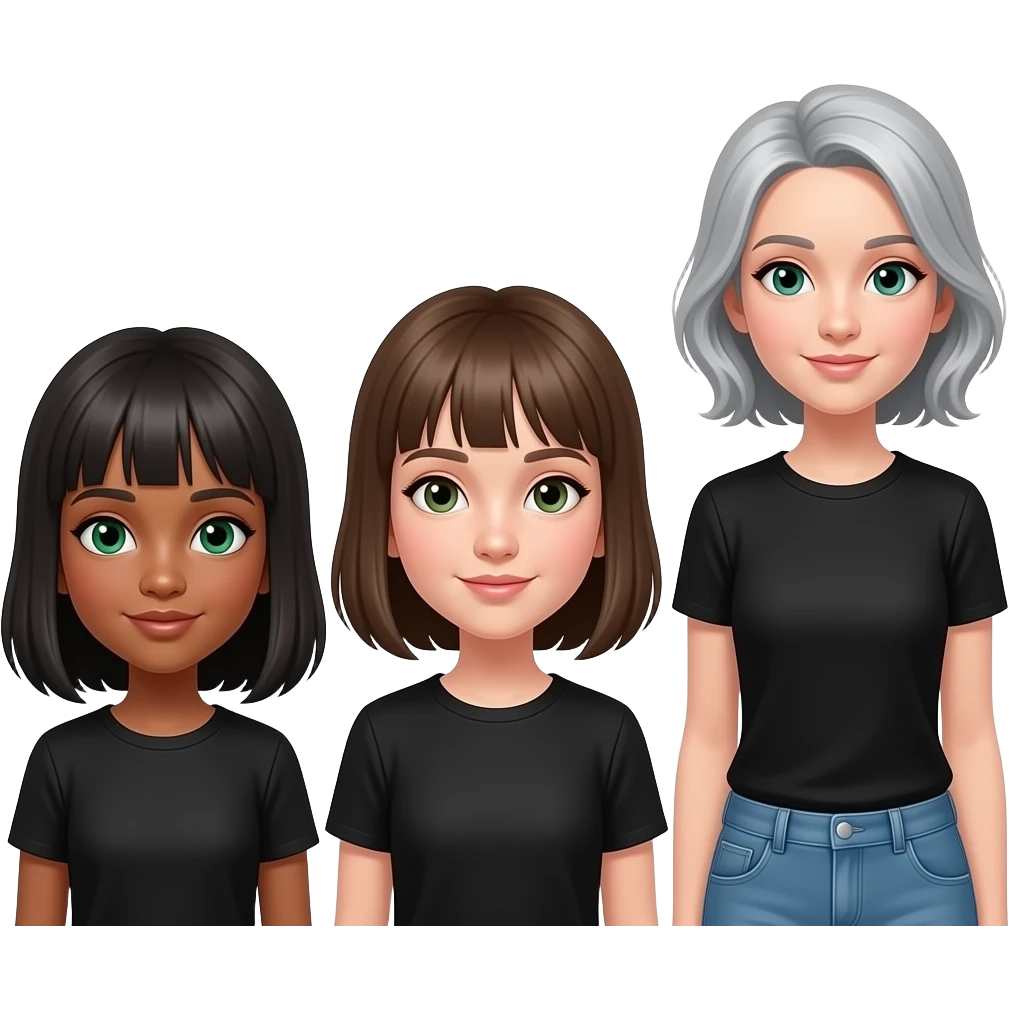 Change eyes to dark green on middle and left girl and grey girl is a little taller than the others and all in black tee shirts emoji