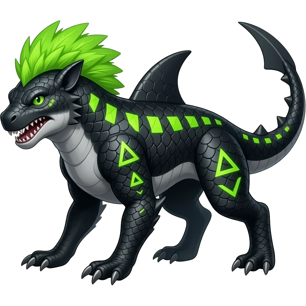 Cool edgy ancient black-scaled with neon-colored triangular stripe markings digitigrade bipedal vintage futuristic fantasy-Cyberpunk-Steampunk-Solarpunk-Genesect-Salamence-Tyranitar-Vernid-Fionbri-Fakémon-animal-hybrid, with neon-green feather-mane, shark back fin, tail blade, back spikes, full body emoji