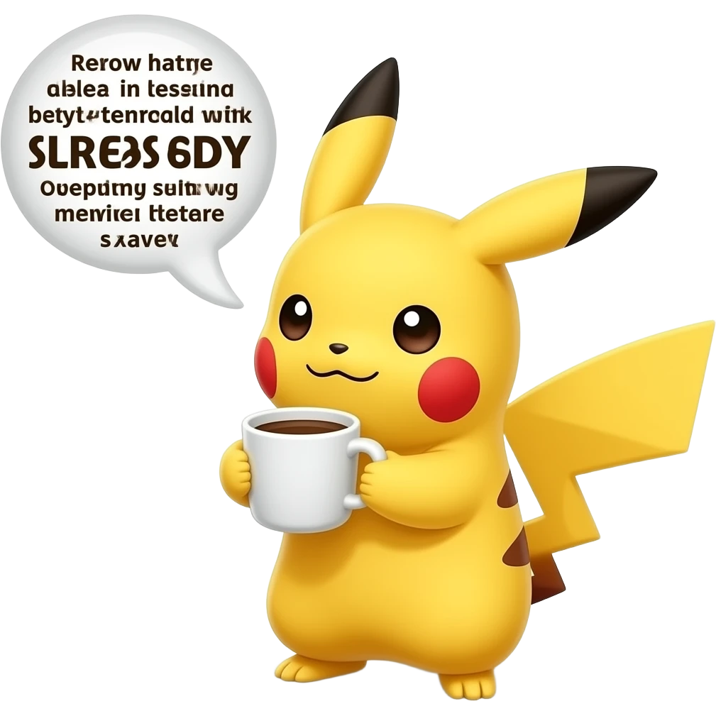 Pikachu, en train de boire un café qui dit dans une bulle n’importe quoi emoji