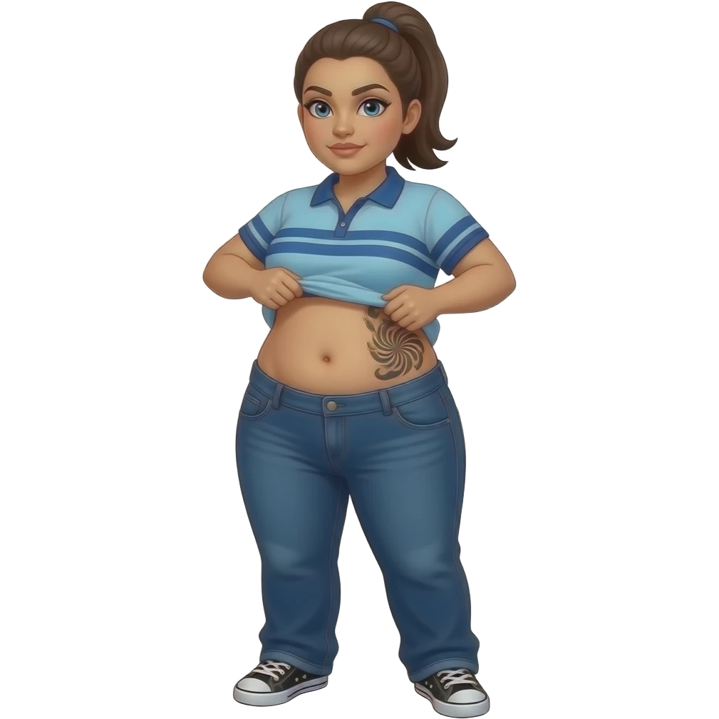Obese Hispanic woman with brown ponytail and blue eyes light blue dark blue lined polo and dark blue baggy jeans and belly button and black and white sneakers lifting her shirt belly tattoo on front emoji