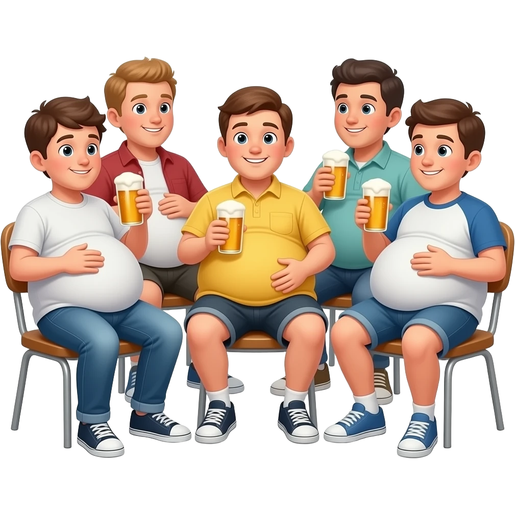6 chłopaków z piwnymi brzuchami 1 krześla ma 16 lat 2 krześle ma 15 lat 3 krześle ma 14 lat ich brzuchy mają kształt jak ogromne kula 1 prześlę ma jeansy 2 krześle ma spodenki i żółtą koszulkę siedzą na krześle i rozmawiają i głaszczą swoje brzuchy i piją 🍻 emoji
