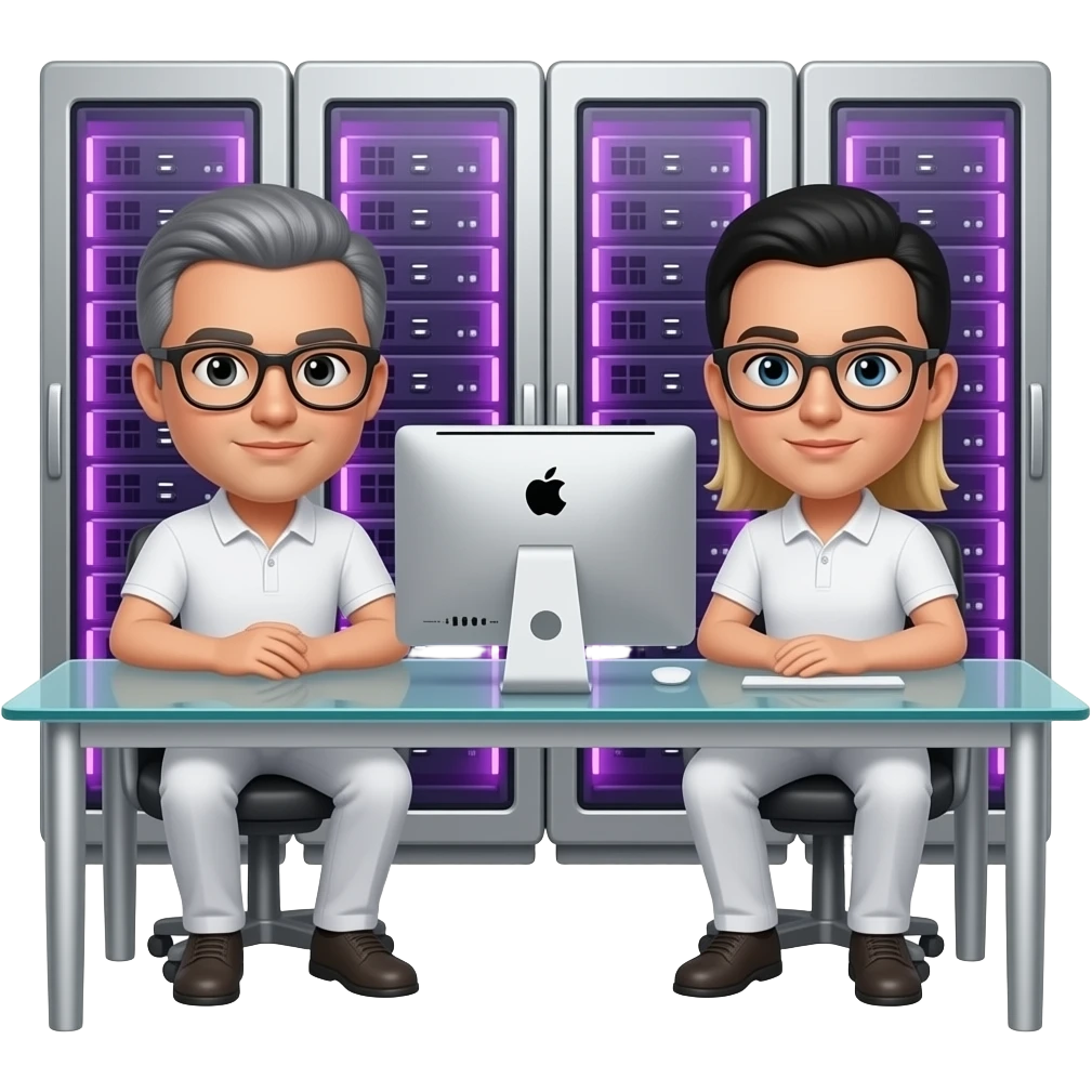 background is a silver server cabinet with purple backlighting, in the foreground is a glass table and an imac computer, two men with glasses are standing, one has gray hair, the other has black hair, dressed in white trousers and a polo shirt, a blonde girl with glasses is sitting at the table, emoji