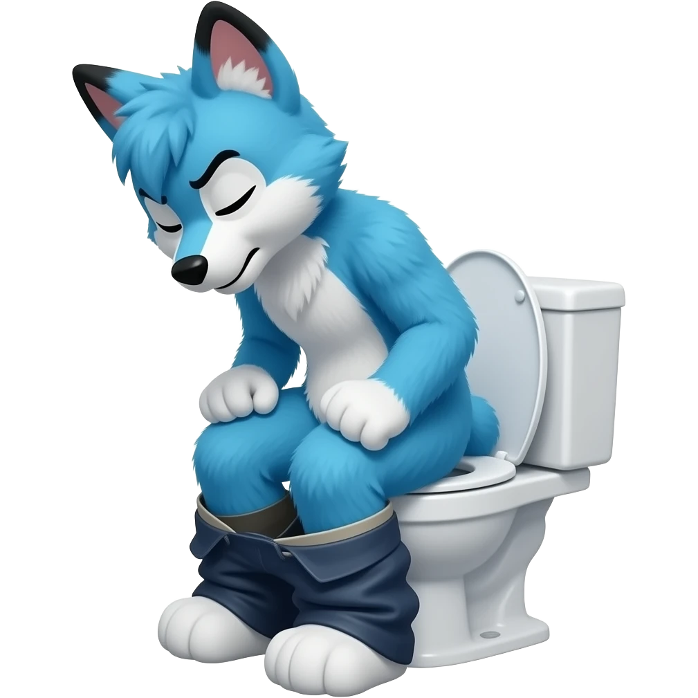 blue fursuit sitting on toilet, side view , pants down, pushing, eyes closed, straining face, pushing emoji