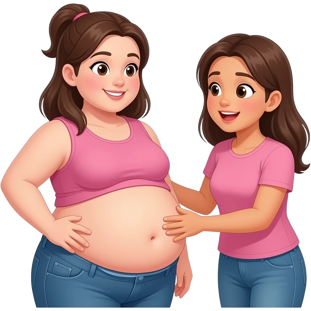 A meeting with two girls,After a great long lunch,one girl is full & fat,her bellybutton is peeking out,her big belly is getting noticed,so other girl was impressed and eagerly touching the one overfed girl’s bloated belly, emoji