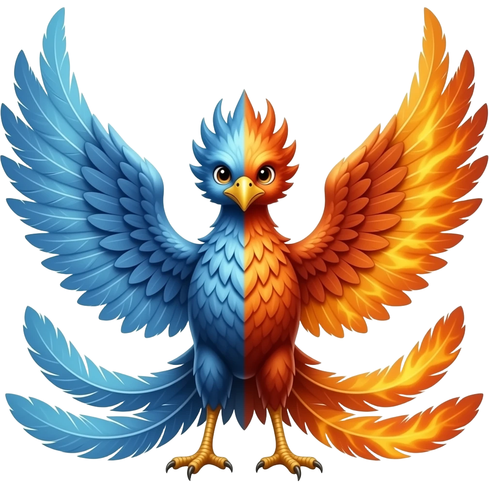 A phoenix with long tail feathers made of spirit on one side and Fire on the other side facing the camera emoji