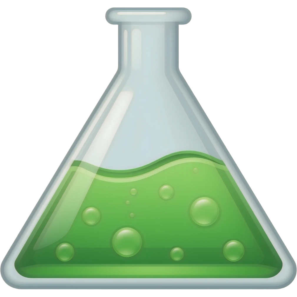 The flask for analysis is green liquid, triangular in shape (inside the liquid is wavy with bubbles) emoji