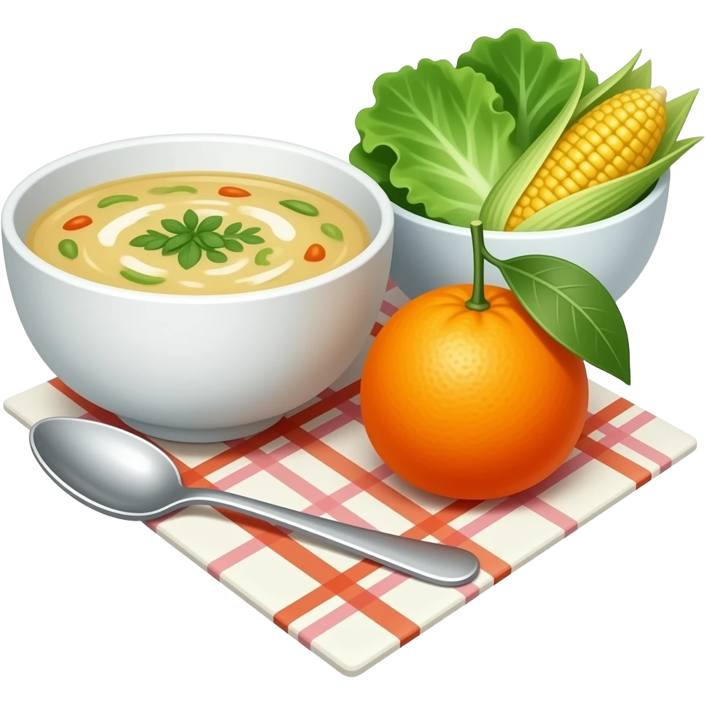 En un mantel individual hay cuenco con sopa y trazas de verduras, un cuenco con lechuga y maíz y una mandarina emoji