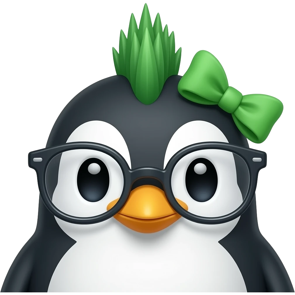 green mohawk haired penguin with hairbow and glassess, just face emoji