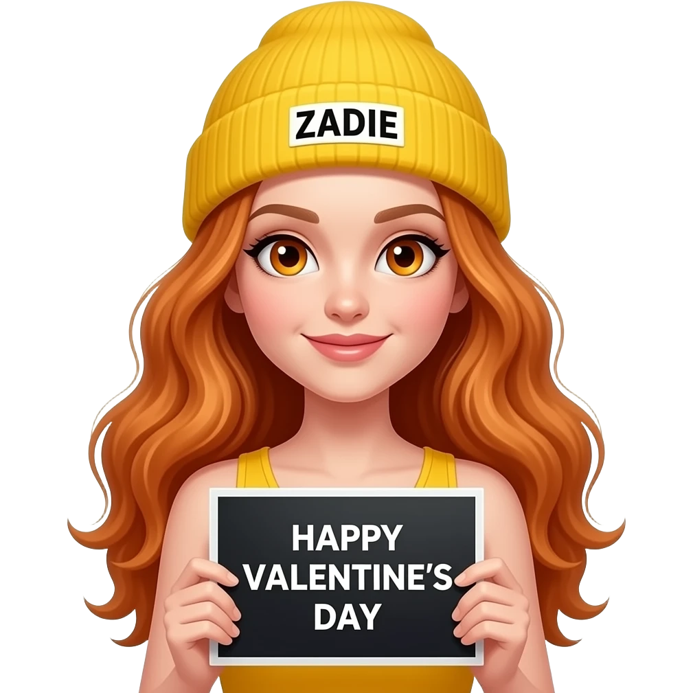 sexy girl with overlong wavy ginger hair and ginger eyes wearing a yellow tanktop and a yellow beanie with ZADIE written on it, is holding a black sign with just HAPPY VALENTINE'S DAY on it emoji